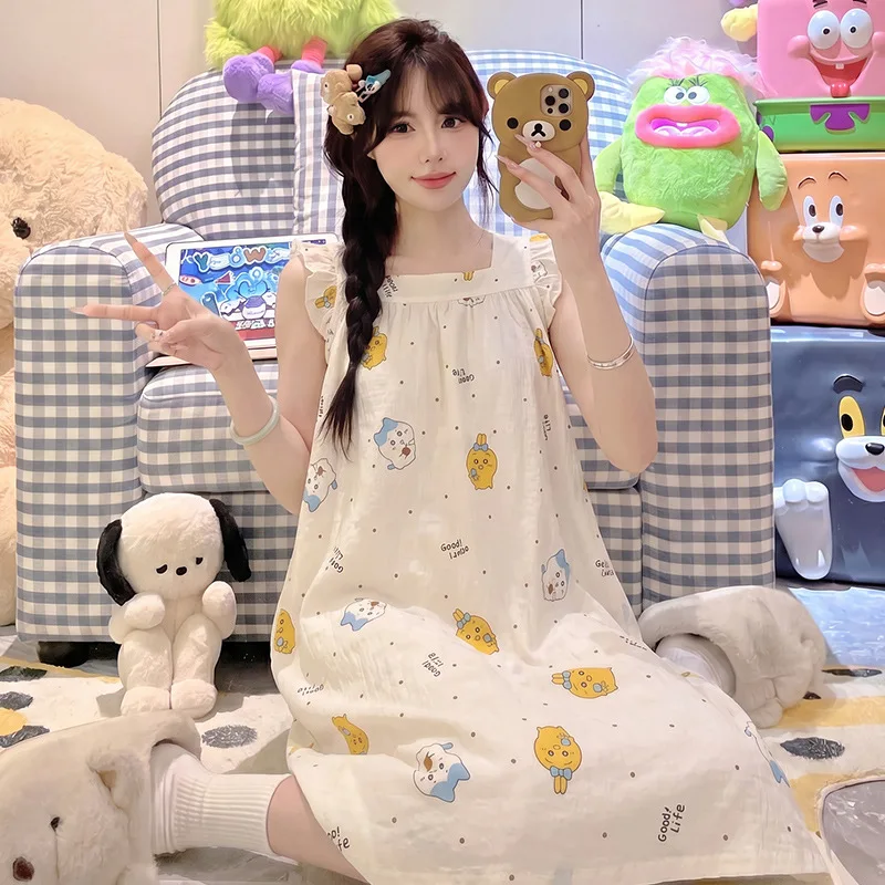 Chiikawa Summer Sleeveless Nightgown Cute Cartoon Print Long Night Dress Loose Casual Loungewear Sweet Girl Home Wear Pajamas