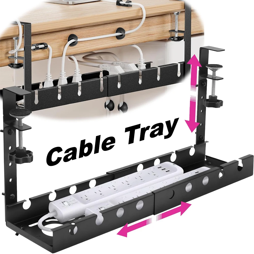 

Portable Under Desk Cable Management Tray Extendable Wire Organizers Metal Aluminum Wire Tray Power Strip Cord Holder with Clamp