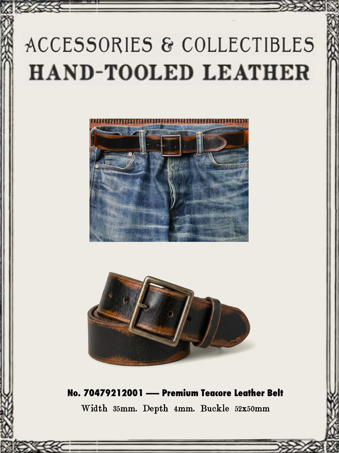

Thick Oil Leather Belt with Square Buckle Top Layer Cowhide Heavy Work Double R Style Khaki Wide 3.5cm Men's Belt