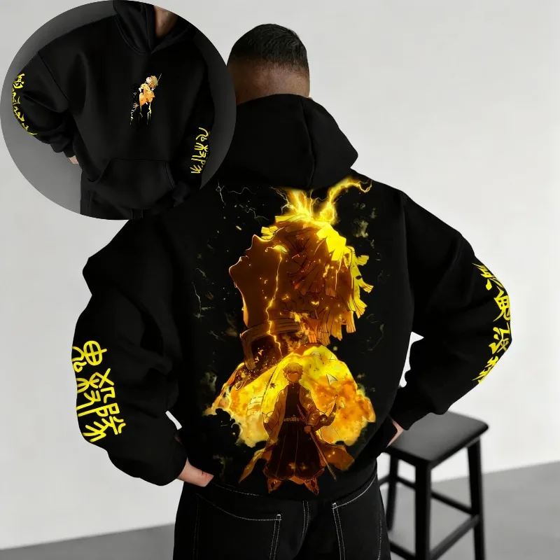 

Мужские осенне-зимние толстовки с капюшоном в японском стиле аниме «Убийца демонов» Zenitsu, одежда с графикой, большие топы из чистого хлопка, мужской пуловер Y2k