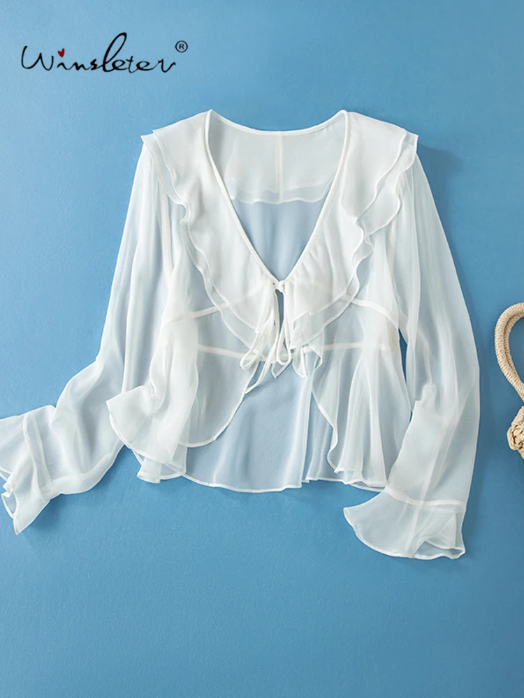 Winsleter-8MM 100% Silk Elegant Coat, V Neck Flare Sleeve, Women Ruffles Vacation Sunscreen Thin Coat, 2026 Summer New C66016CC