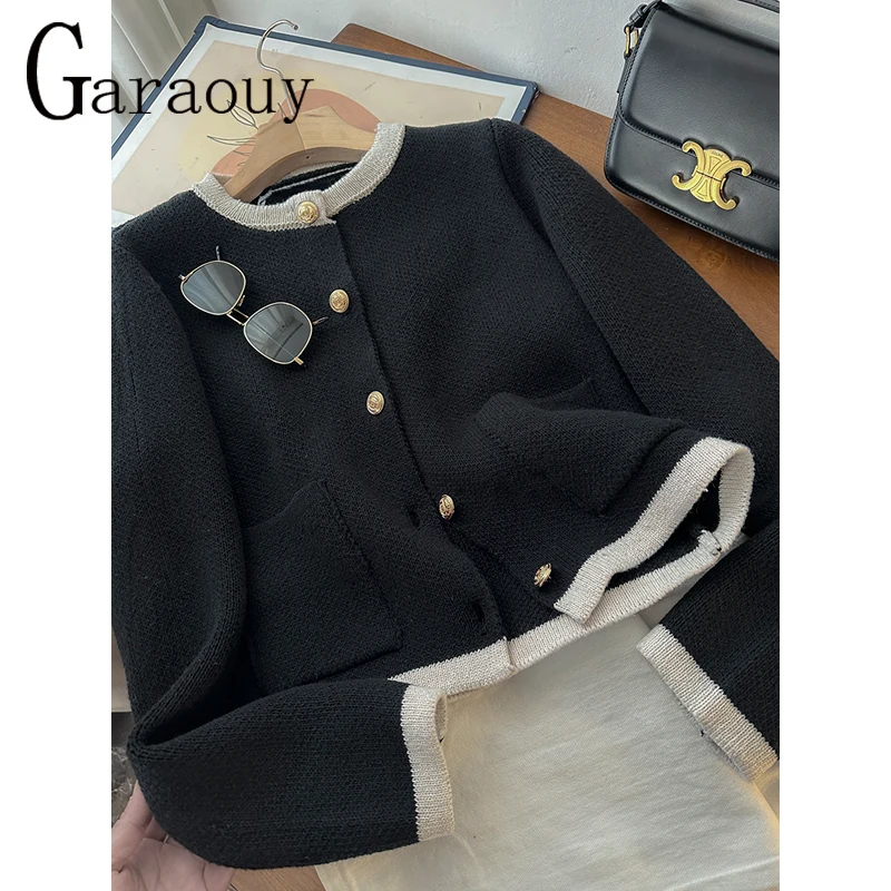 Garaouy 2024 Spring Women\'s Contrast O Neck Long Sleeve Single Breasted Knit Cardigan Coats Female Elegant Short Sweater Jackets