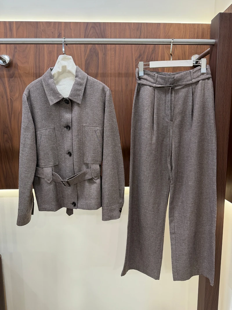 Collared Belted Cargo Jacket & High Waist Wide Leg Pants Two-Piece Suit for Women