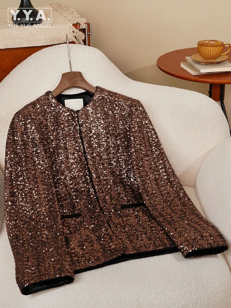 

2025 New Office Ladies Fashion Casual Zipper Sequined O Neck Winter Jacket Elegant Straight Design Women French Style Outerwear
