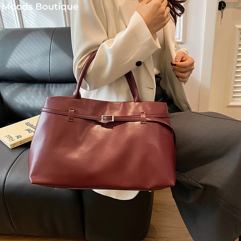 Large Size Burgundy Color Top-handle Bags For Women Belt Buckle Design Big Capacity Shopping Totes 2024 Luxury Designer Handbags