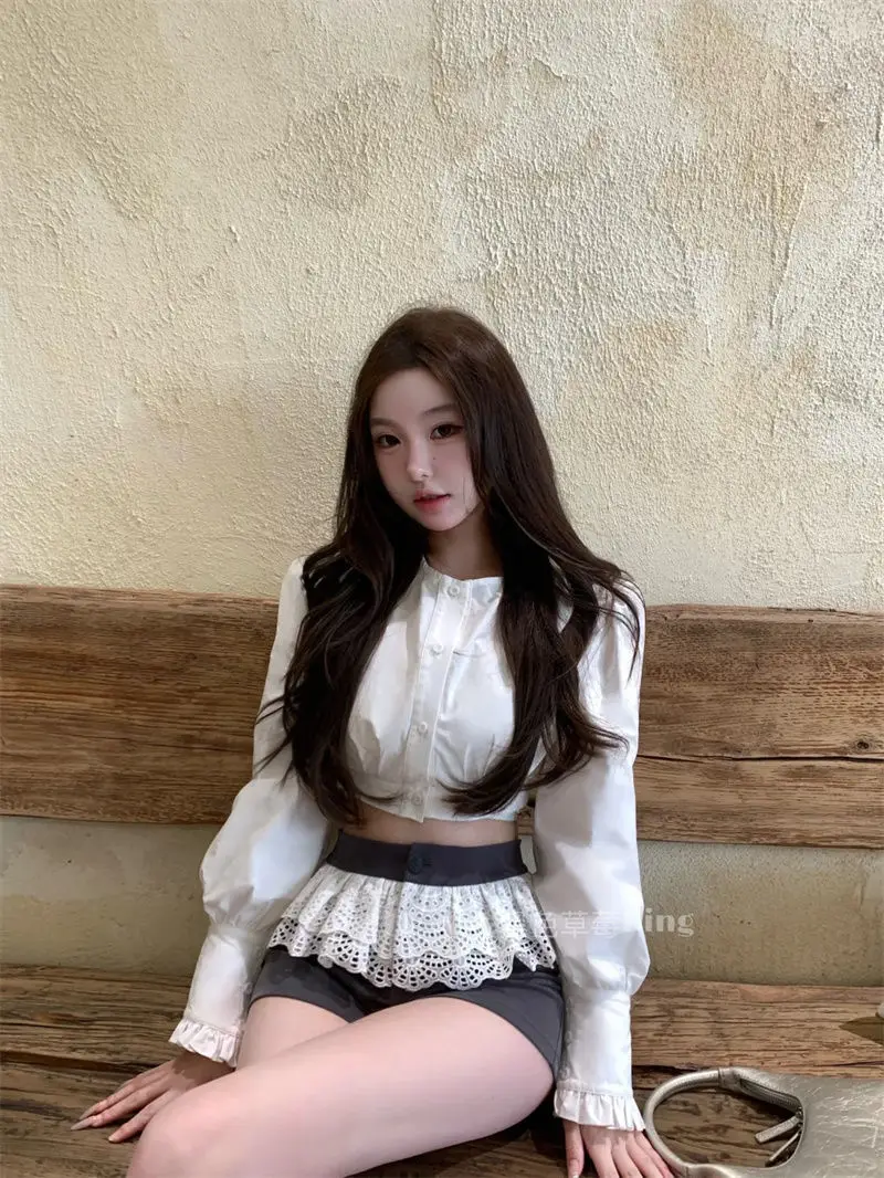 

Hot Girl Pure Sexy Suit Women's Summer O-Neck Long-sleeved Short Shirt High Waist Lace Shorts Two-piece Set Female Clothes