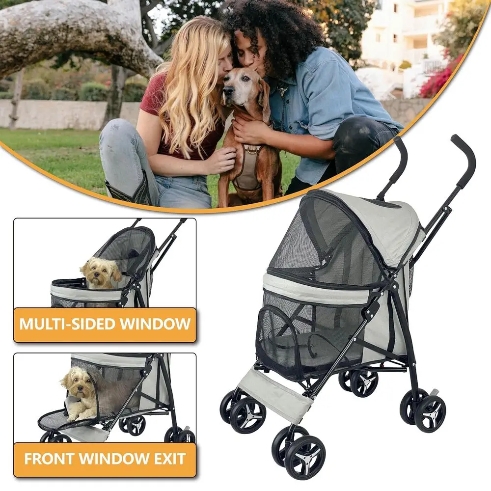Compact 4-Wheel Dog Stroller for Small to Medium Dogs, Lightweight and Portable, Ideal for Travel and Jogging, Up to 22lbs, Gray