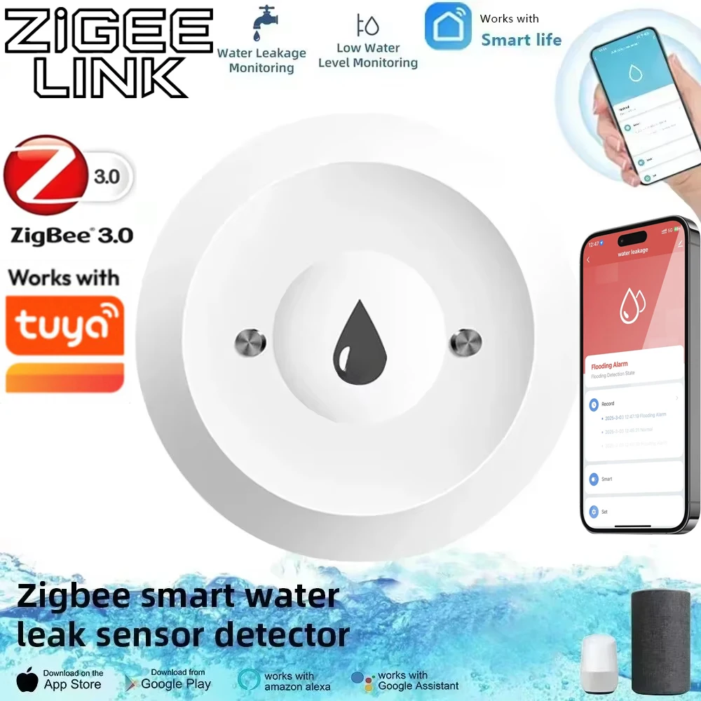 

Датчик утечки воды Tuya ZigBee, умный детектор протечек, сигнализация о затоплении, автоматический модуль, мониторинг через приложение, SmartLife, Alexa, Google