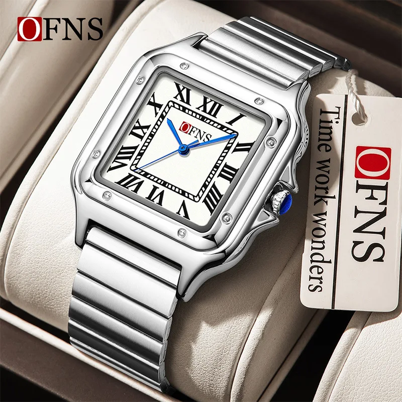 OFNS 2025 جديد 1516 مربع زوجين ساعة كوارتز 3ATM مقاوم للماء الزجاج المعدني مقياس روماني ساعة موضة بسيطة للرجال والنساء