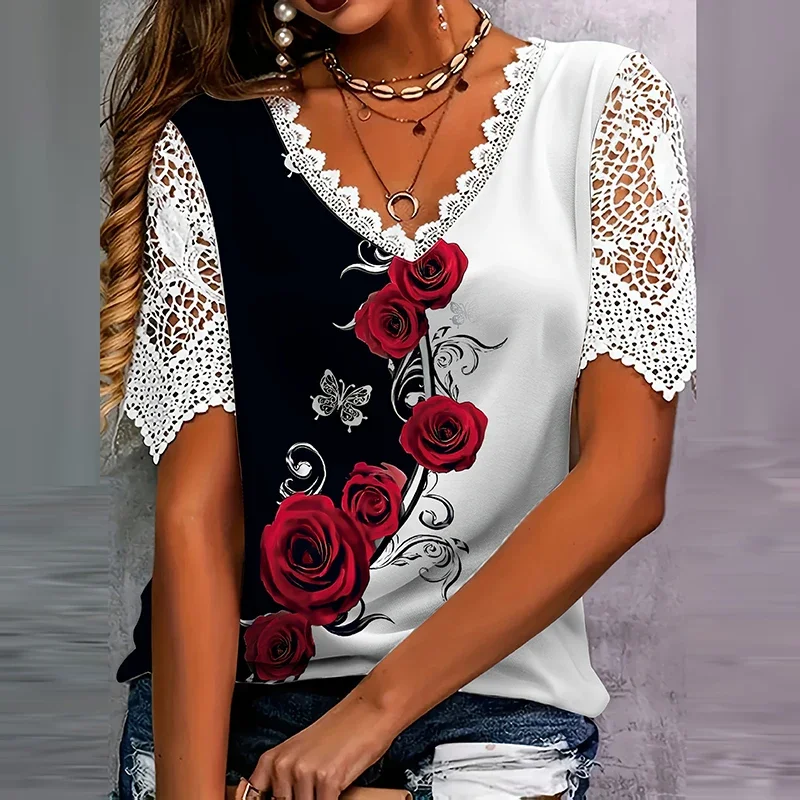 

Women's Fashion Sexy Lace Splicing Hollow Out T-shirt Casual Versatile Colorful Flowers Butterfly Flower Prints Loose T-shirt
