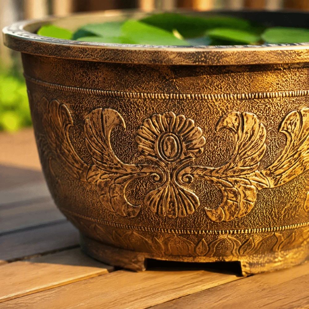 Resin Lotus Planter Pot 4.5L-31L Capacity Deepened Water Reservoir Planter Copper Bronze Large Retro Flower Pot Home Gardening