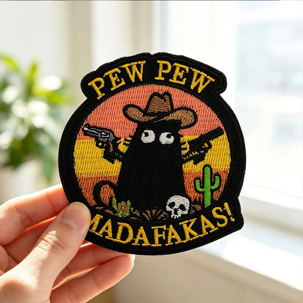 Pew Pew Madafakas Embroidered Patch Cowboy Black Cat Patch Hook and Loop for Backpack Hat Clothing