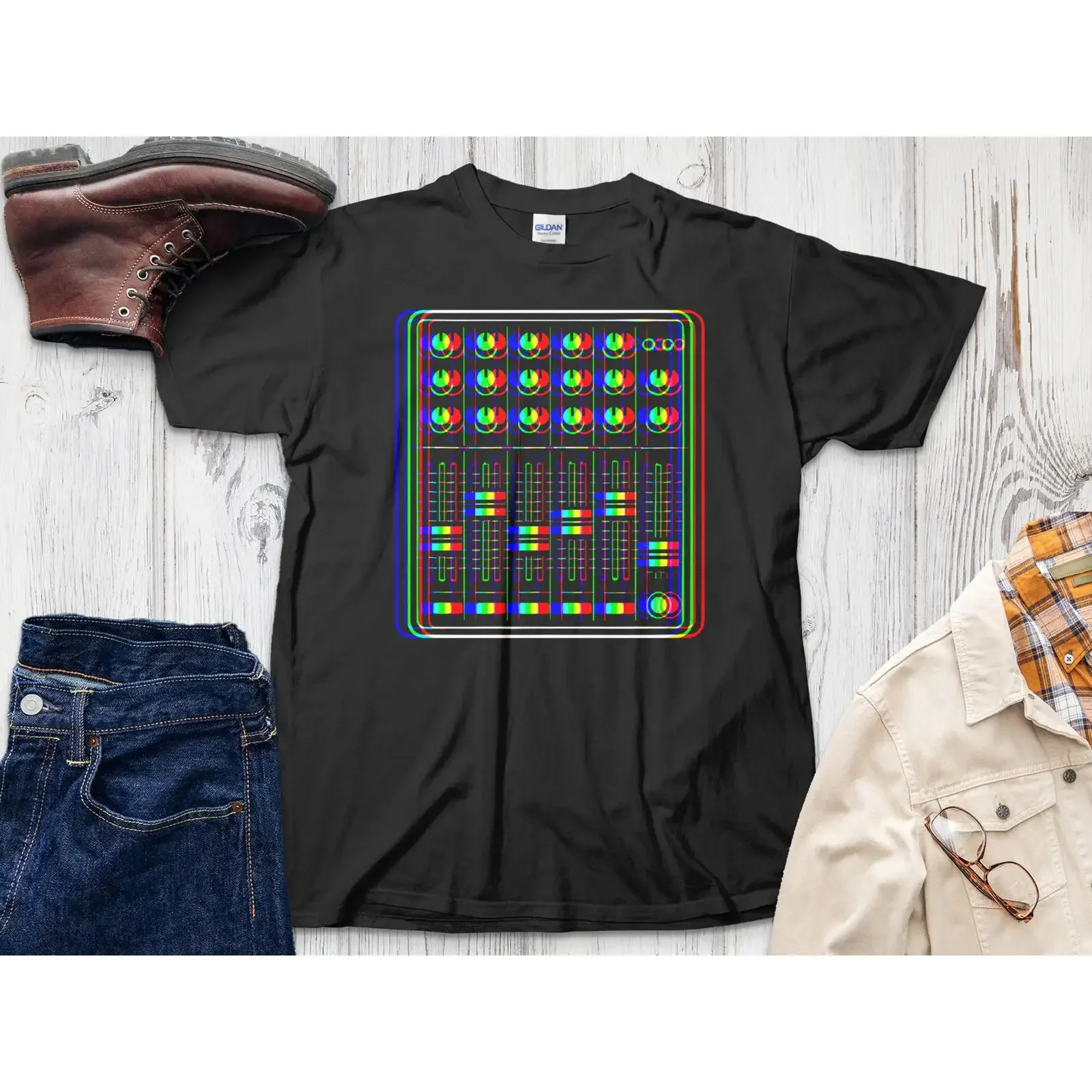 Glitch Mixing Console T Shirt Retro EDM DJ  vintage Washed streetwear Breathable Slightly Comfortable Stretched
