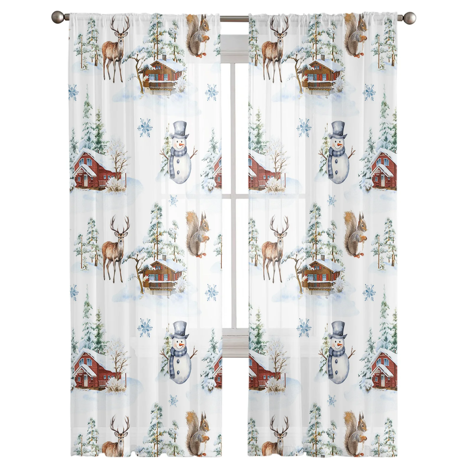 Winter Christmas Farmhouse Squirrel Snowman Elk Tulle Drapes for Living Room Bedroom Sheer Window Curtains Hotel Voile Curtains