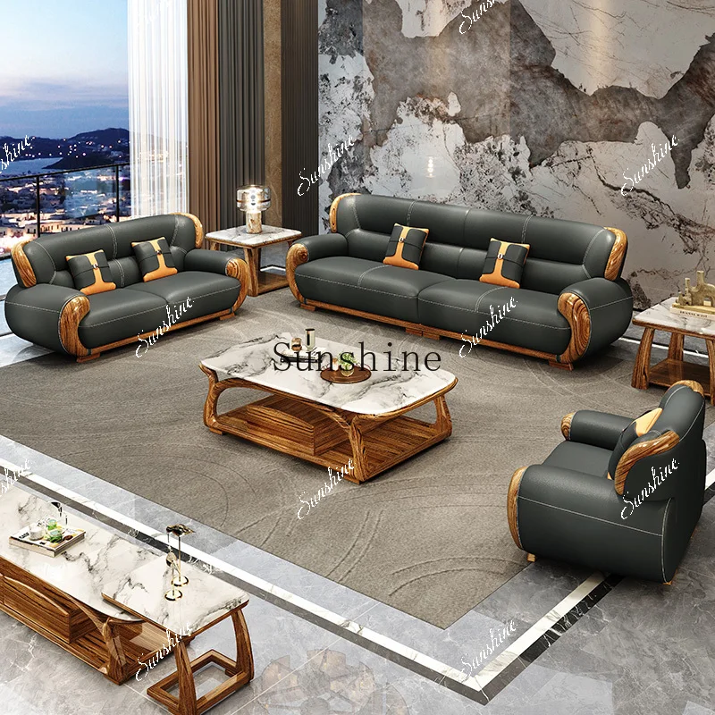 New Chinese ebony leather sofa modern simple living room large apartment new combination FT