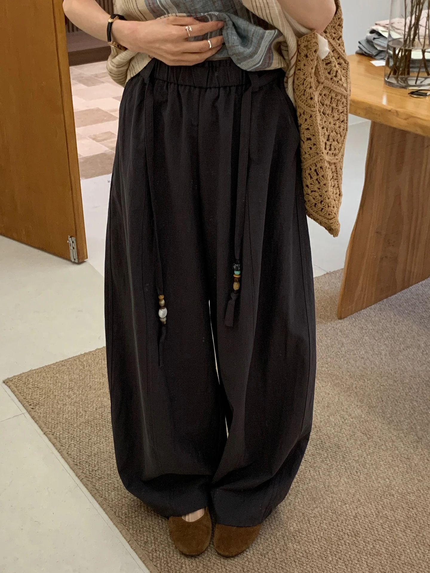 

BRIVIN Deep Grey Linen Wide Leg Casual Pants Women's Spring New Belted Elastic Waist Lazy Style Drape Slimming Effect