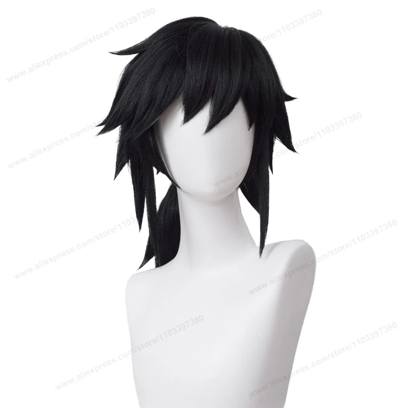 Tomioka Giyuu Cosplay Wig 40cm Long  Black Man Hair  Anime Wig Heat Resistant Synthetic Wigs