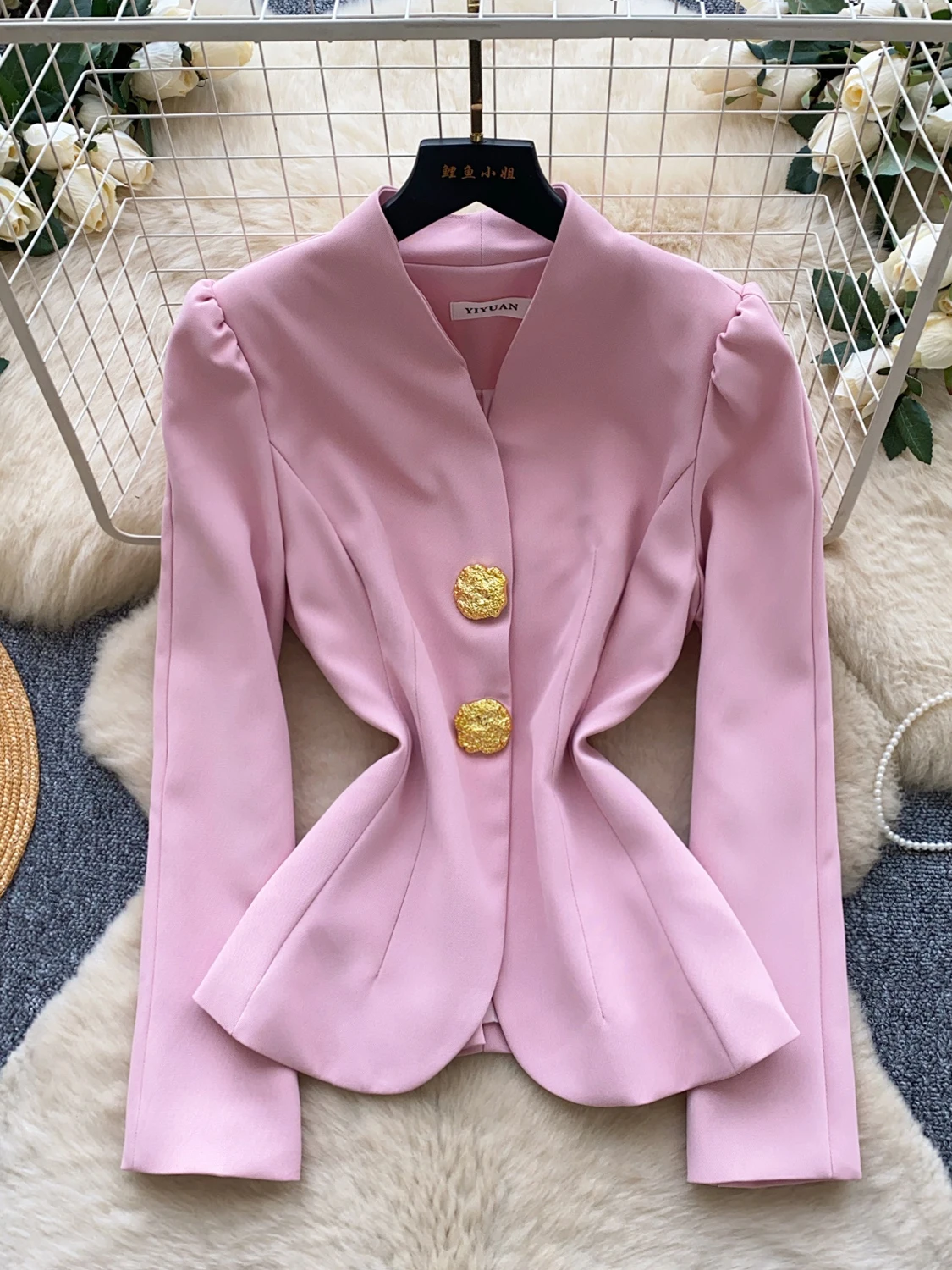 Elegant Pink Stand Collar Suit Jacket Women's Long Sleeve Waist Cinched Slimming Intellectual Classy Top Luxury Style