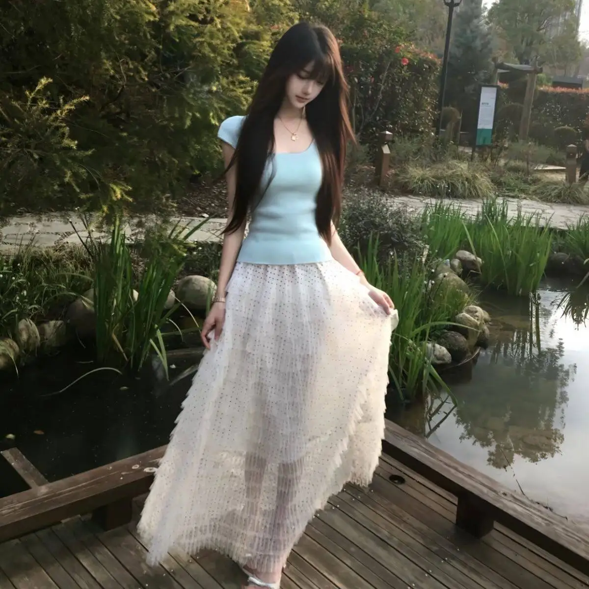 Summer 2026 High Waist Polka Dot Knitted Short Sleeve Mesh Half Skirt Two Piece Set Casual Style Women's Fashion Polyester Fa...