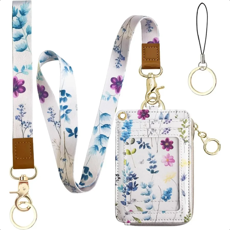 

2in1 ID Badge Holder Lanyard Wallet for Womens Cute Floral Zipper Wallet with Removable Wrist Neck Lanyard Clear Window 5 Card