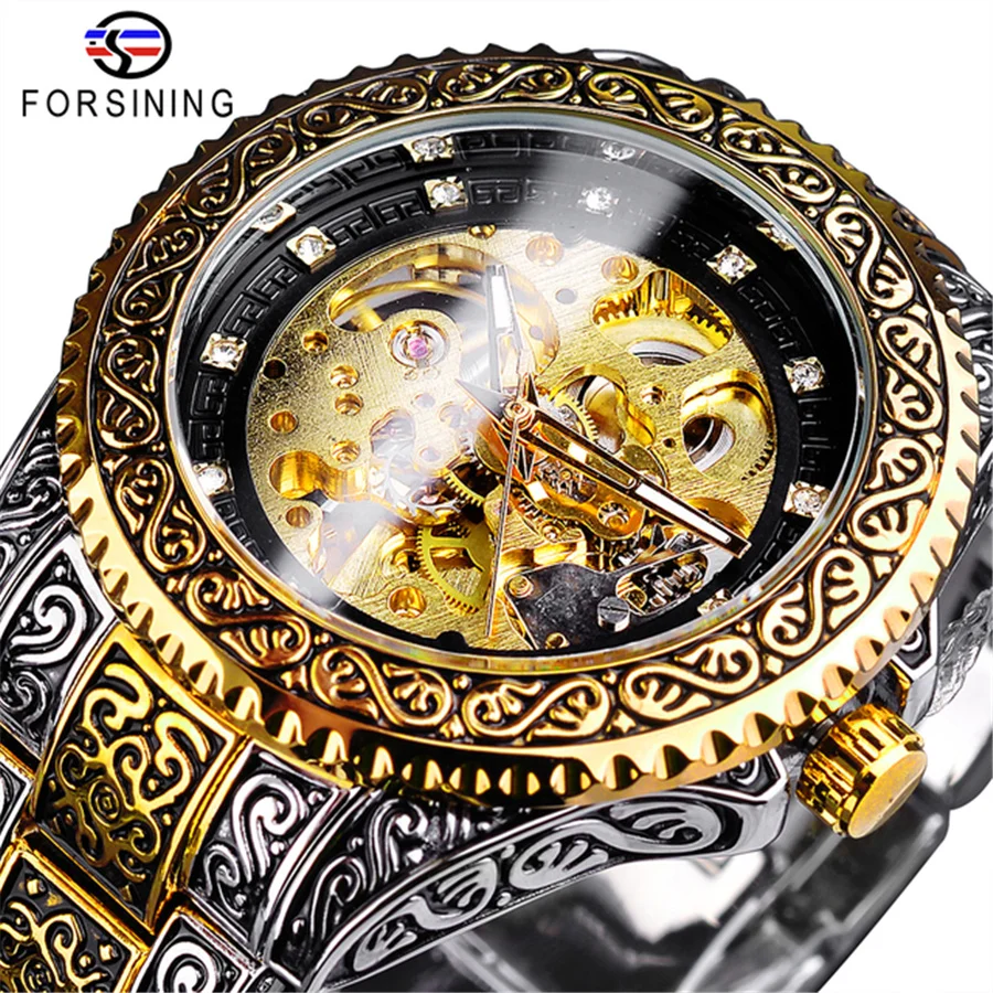 

Forsining 378B Automatic Mechanical Wristwatch Waterproof Stainless Steel Diamond Watch Golden Men's Clock Vintage Reloj