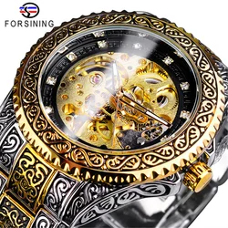 Forsining-Relógio de pulso mecânico automático masculino, impermeável, aço inoxidável, diamante, dourado, relógio vintage, 378B