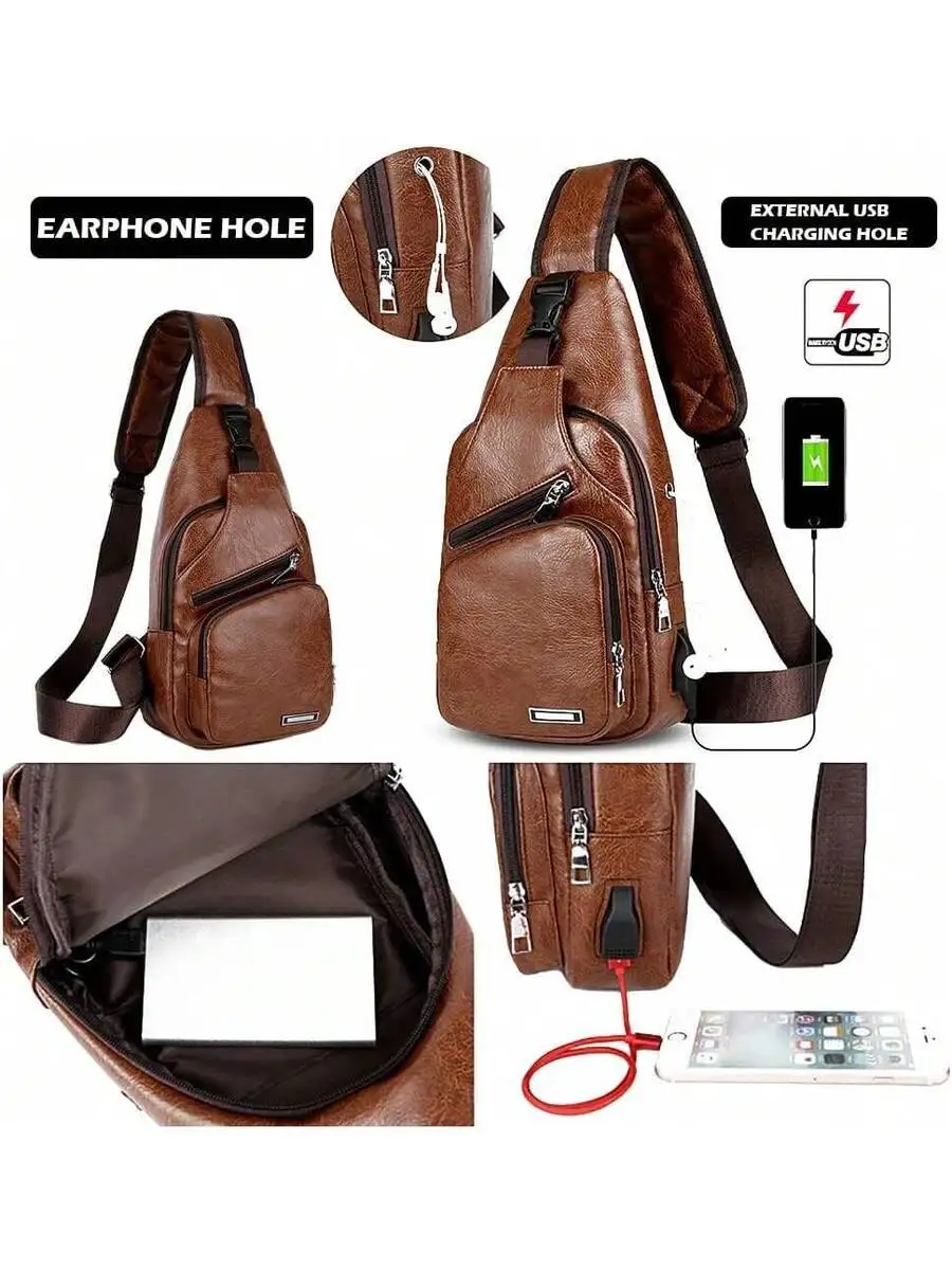 Mens Sling Bag With USB Port, Multi-Compartment Shoulder Bag, Adjustable Strap For Travel Gym Hiking view 5