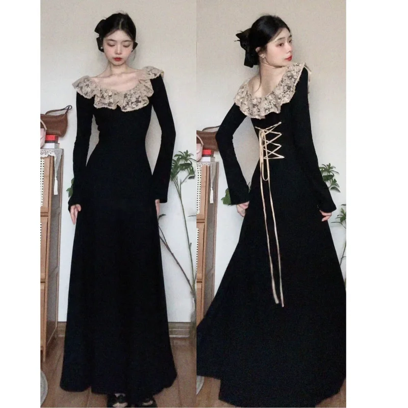 

Retro French Style Bandage Black Long Dress For Woman Vintage Lace Collar Off Shoulder Elegant Lady Maxi Dresses Formal Occasion