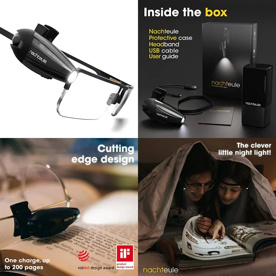 Rechargeable Reading Light for Glasses, Headphones or Headband Included.LED Book Light. Award Winning Clip-on Design Made in Ge