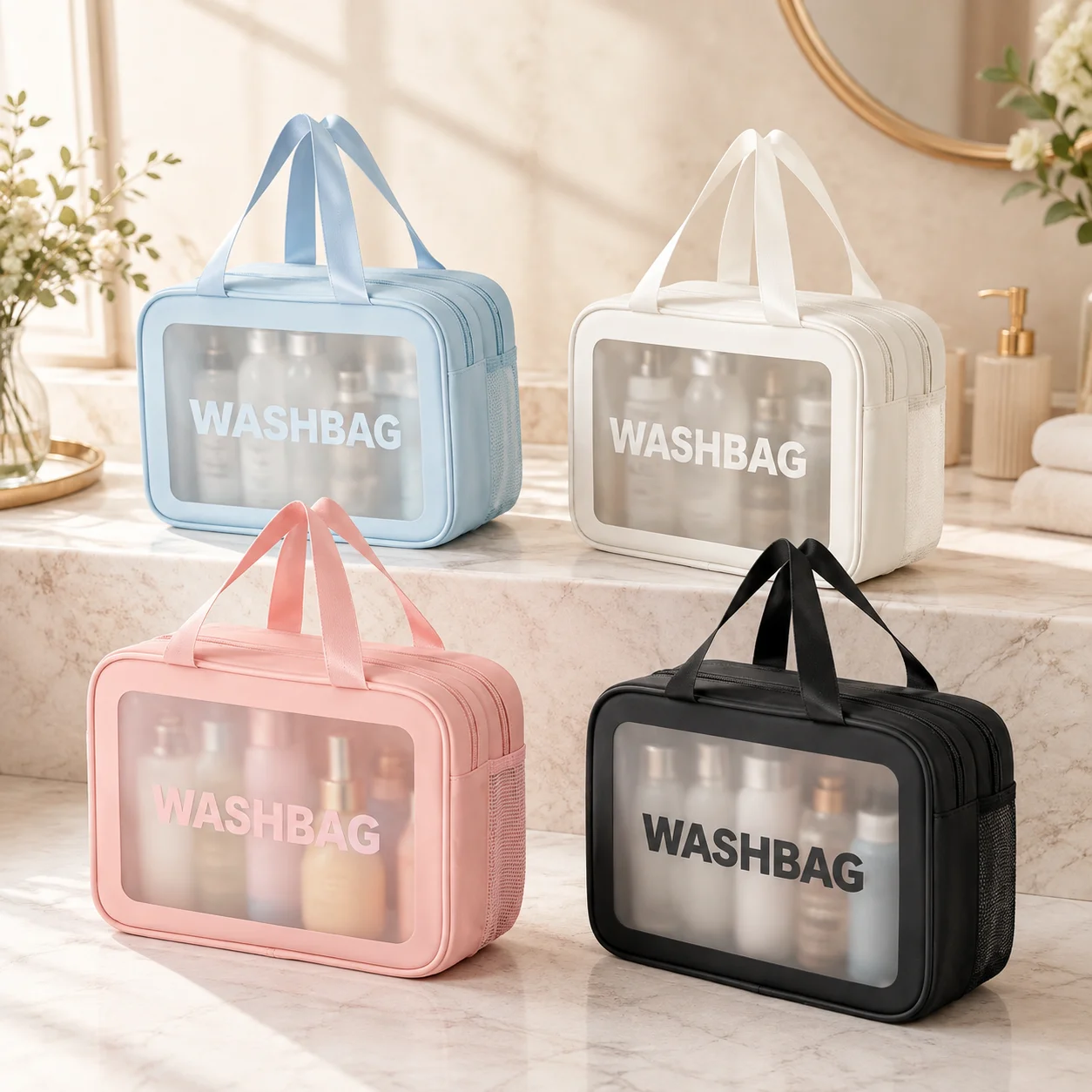 Dry‑Wet Separation Transparent PU Cosmetic Bag Portable Waterproof Makeup Storage Pouch for Travel Fitness Swimming Toiletries