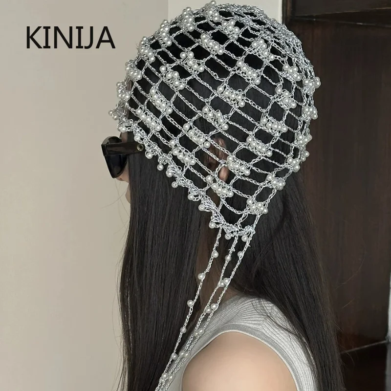 Elegant  Women Hollow Out Turban Beanie Cap Handmade Metal Chain Pearl Tassel Niche Stylish All Match Pullover Headscarf Hat