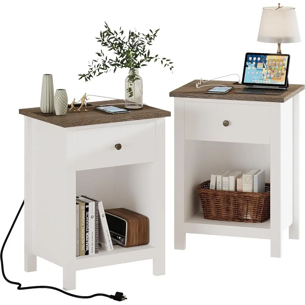 

Nightstand Set of 2, Night Stand with Charging Station, Wooden Top Bedside End Table with Drawer and Storage Space for Bedroom,