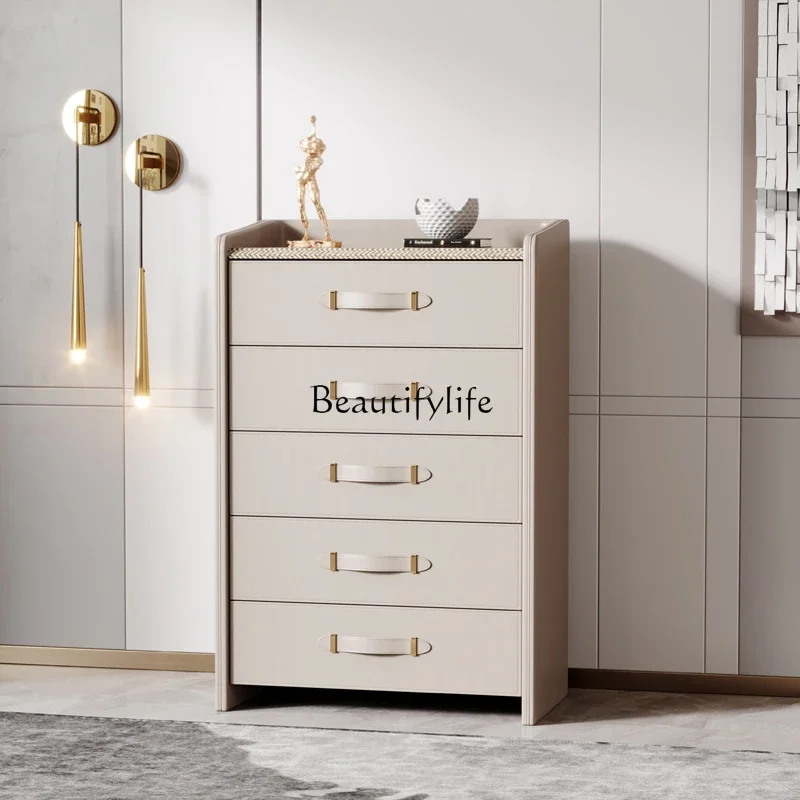 

Italian light luxury solid wood leather chest of drawers simple modern locker