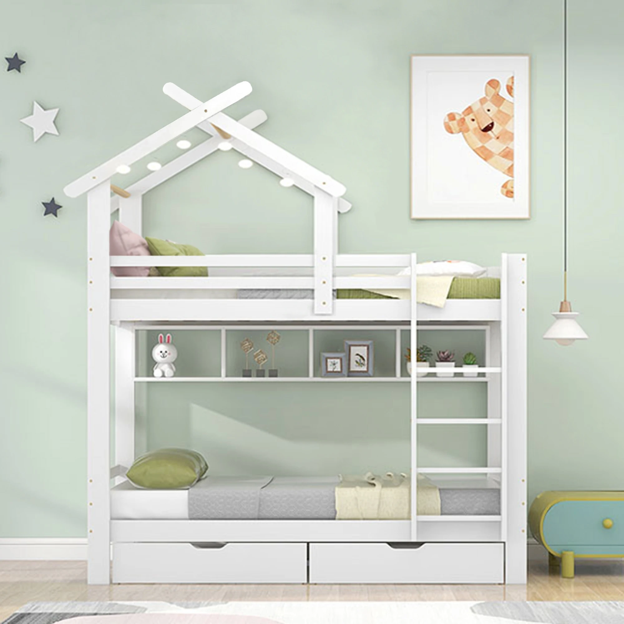 PINGGO Etagenbett mit Schubladen, Regalen, Hausbett, 3-stufige Leiter, Kiefernholzrahmen, Weiß, 90x200cm, Kinderbett mit Fallschirmgitter – Detail 1