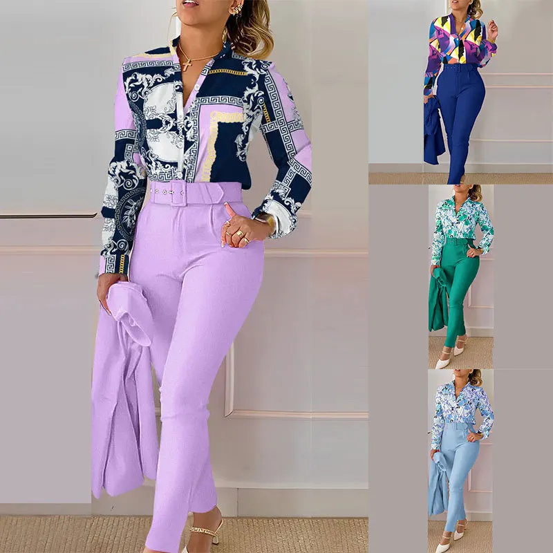 Print Button long Sleeve Two Piece Set Women V-neck Shirt And Pants Elegant Suits 2023 Fashion Women Slim Office Blouses Sets