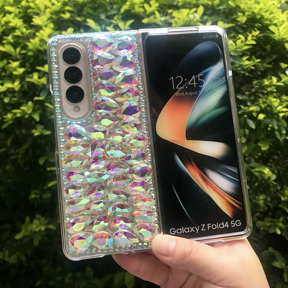 Luxo bling strass caso de telefone para samsung galaxy z fold 5 4 3 2 diy colorido gota de água diamante claro duro pc capa traseira