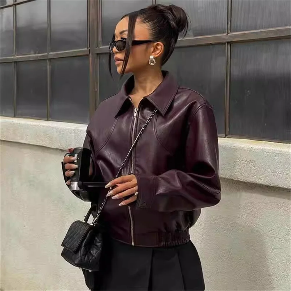 

BMURHMZA Autumn/Winter New Product Women's Casual Leather Jacket Comfortable Retro Collar Solid Color PU Zipper Coat