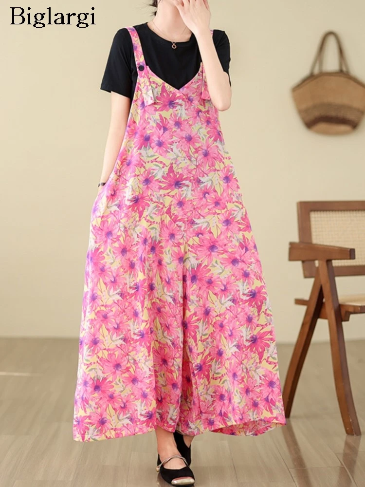 

Oversized Summer Floral Print Pink Jumpsuit Women Sleeveless Slip Fashion Ladies Jumpsuits Wide Leg Loose Pleated Woman Jumpsuit