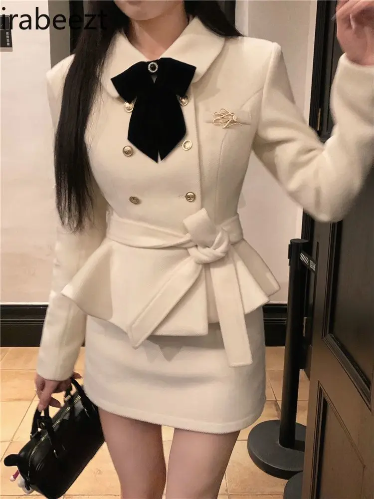 Korean Girl Autumn Winter Long Sleeve Square Collar Waist Blouse Slim-fit Skirt Temperament Two-piece Set Conjuntos De Falda