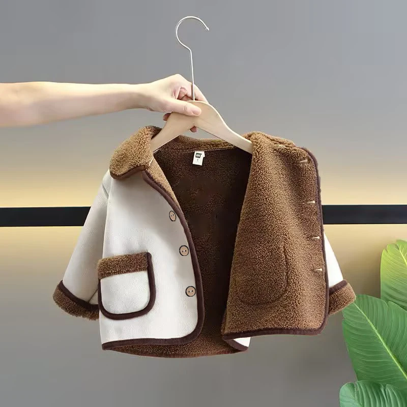 Baby-Jungen- und Mädchen-Wildlederjacke mit Sherpa-Futter, Kinder-Warmmantel mit Revers, einreihig, mit Taschen, Herbst-Winter-Oberbekleidung für Kleinkinder – Detail 3