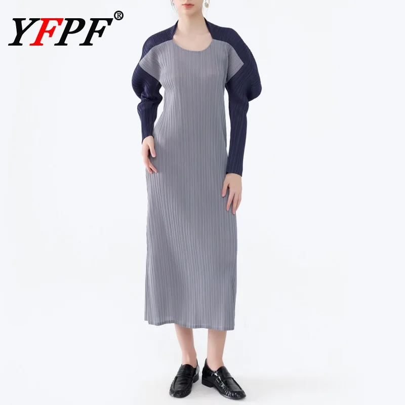 

YFPF Elegant Miyake Pleated Long Dress For Women Contrast Color Sleeve Fashion Dresses Casual 2026 New Clothing