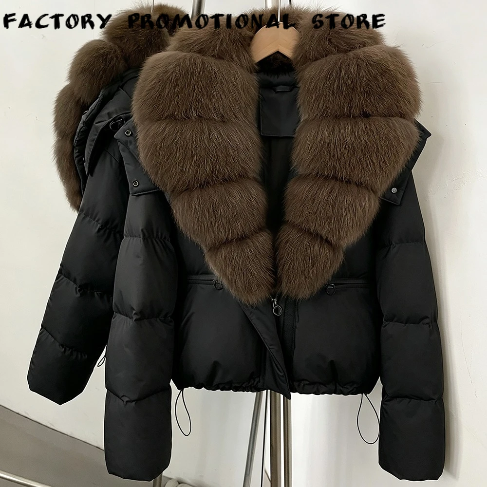 New Winter Big Natural Fox Fur Fluffy Puffer Coat Women Warm White Duck Feather Down Short Jacket Waterproof Parka City Fashion
