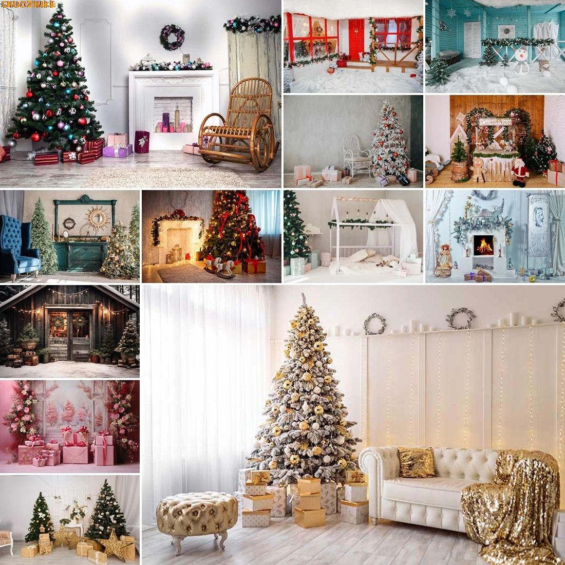 

Christmas New Year Clock Decor Backdrop Photography Vintage Xmas Trees Gifts Snow Winter Indoor Photo Studio Background DC-01