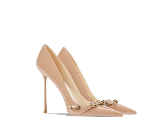 Retro nude metal buckle chain pointed thin heel niche high heels for women's spring and summer new styles