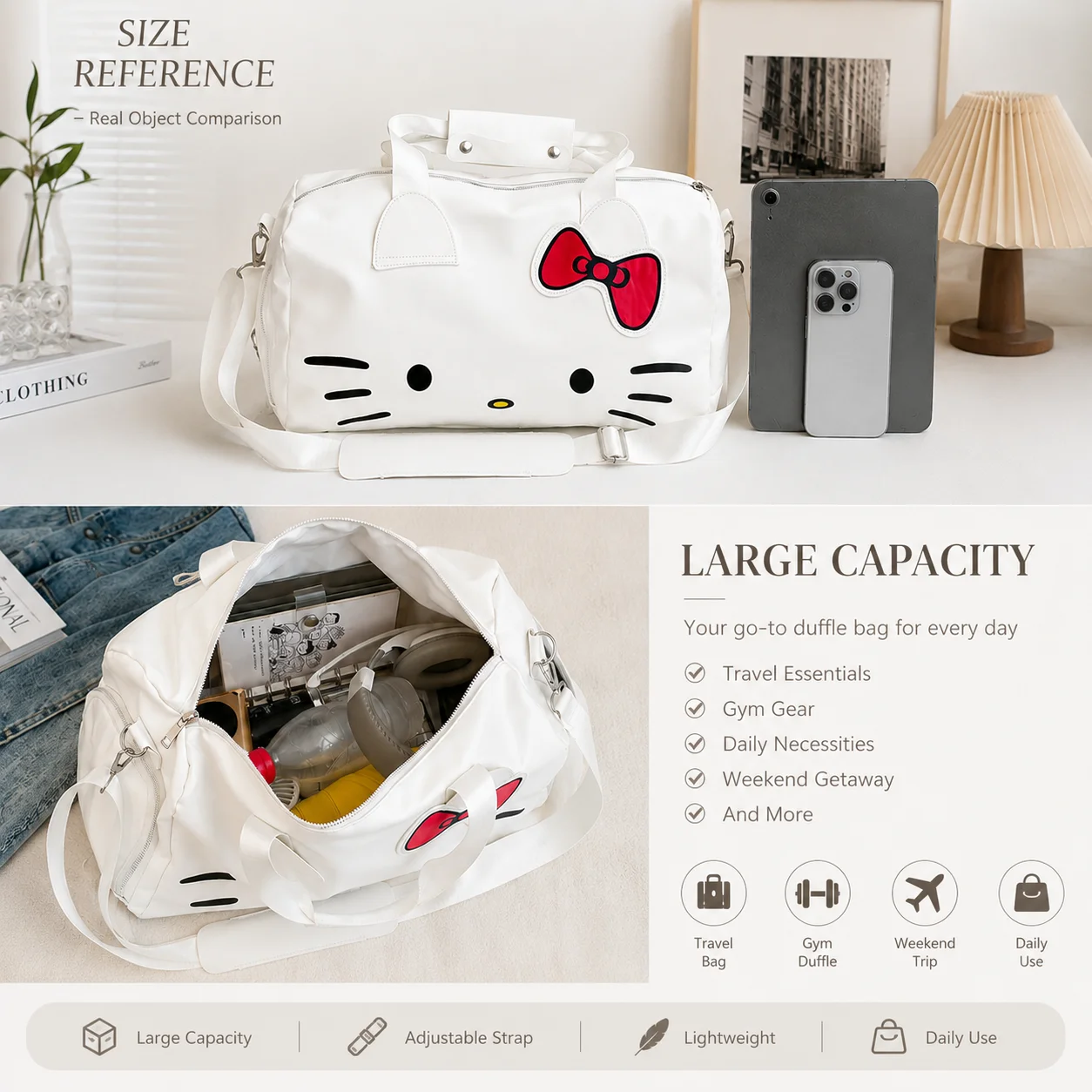산리오 헬로키티 여행용 더플백 대용량 스포츠 짐 가방  - Weekender Bag Duffle 리뷰 및 가격