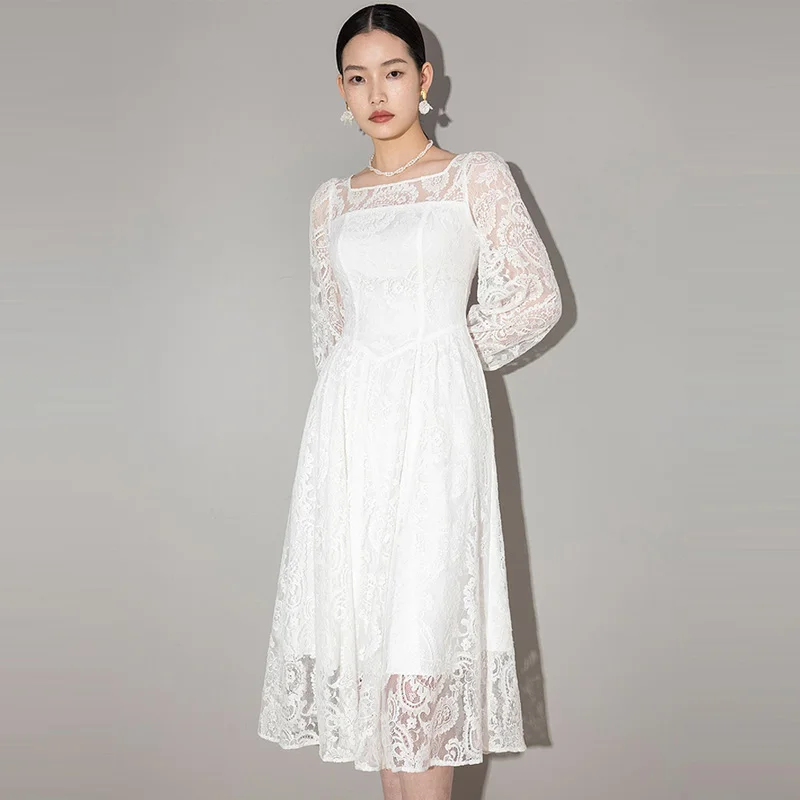 High end French dress, spring dress new female lace splicing, high-quality, white umbrella skirt