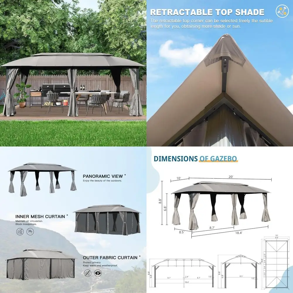 

Наружная беседка 10x20 футов с двойной крышей, конфиденциальными шторами, москитными сетками и прочным металлическим каркасом для вечеринок