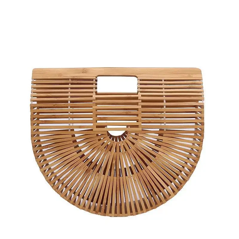 Women\'s Handmade Bamboo Basket Half-round Outdoor Beach Travel Handbag Fashion Designer Top-Handle Bags Retro Braided Bamboo Bag