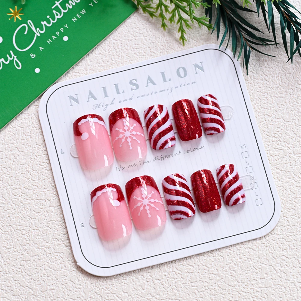 24Pcs Christmas Wine Red Snowflakes False Nails DIY Snowflake Santa Claus Press On False Nails Tip Glitter Stripes Fake Nails
