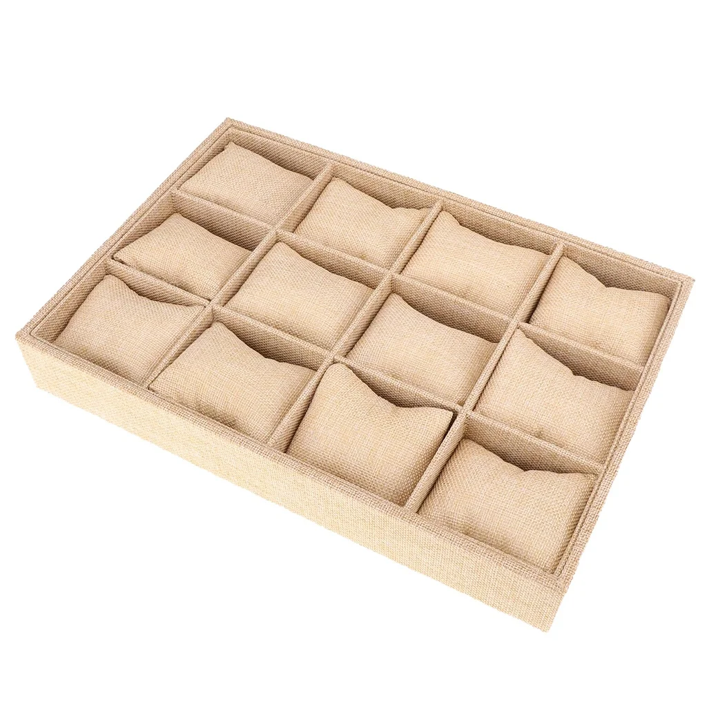 Watch Display Storage Box Case 12 Grids Multi-Functional Bracelet Watches Display Casket Watches Holder Casket Beige